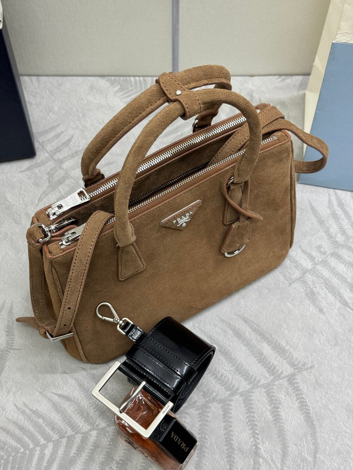 PRADA 26S HANDBAG 28 IN TAUPE SUEDE