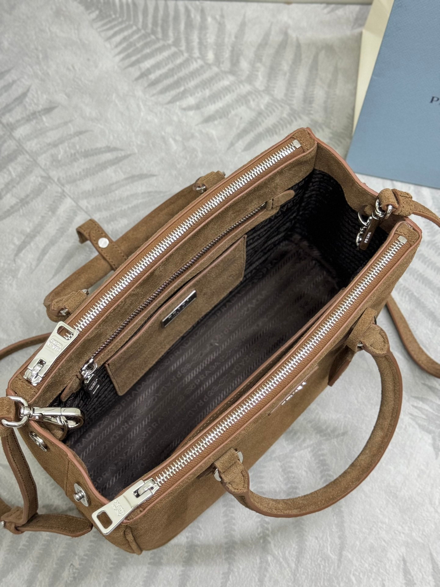 PRADA 26S HANDBAG 28 IN TAUPE SUEDE