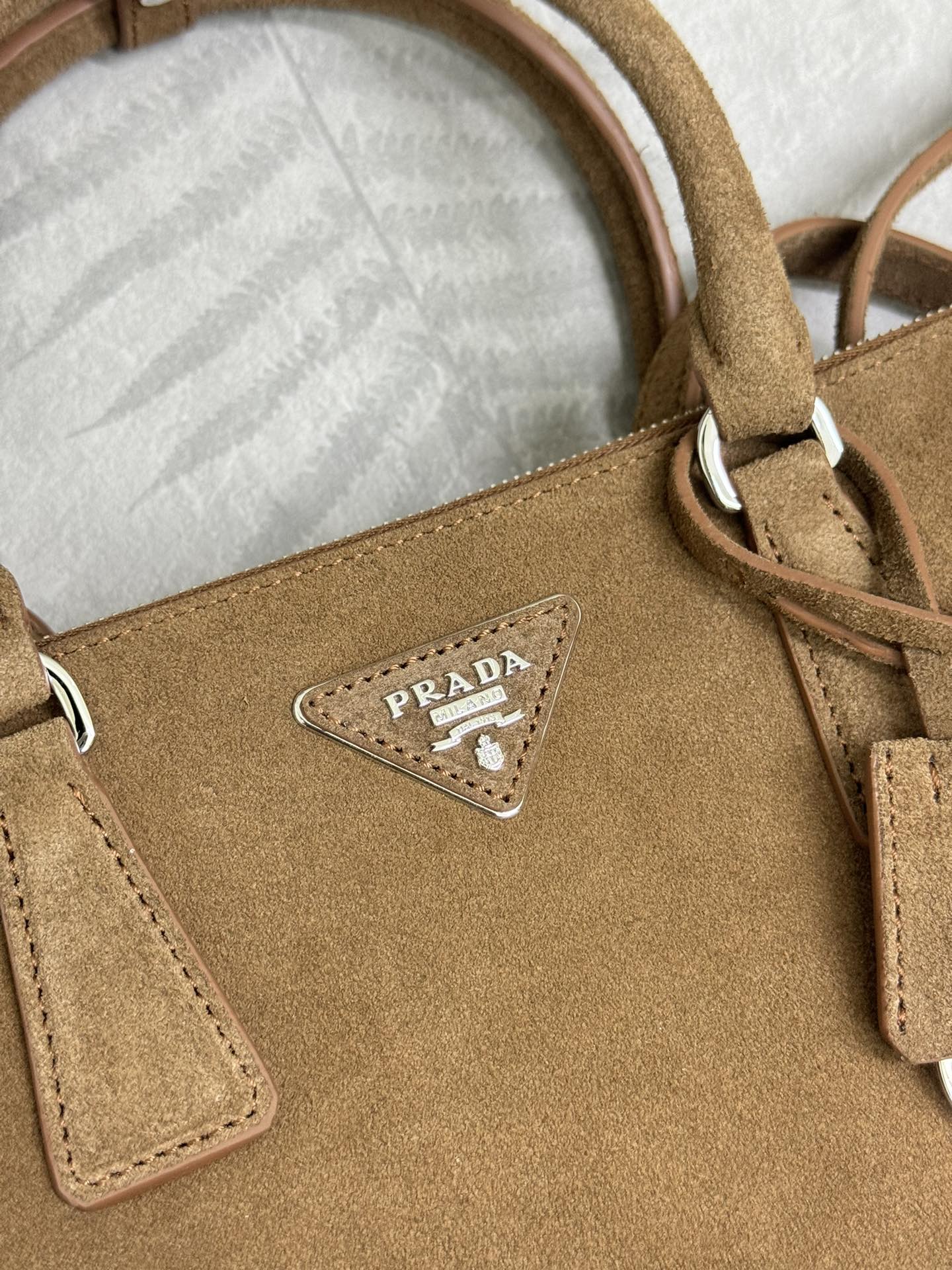 PRADA 26S HANDBAG 28 IN TAUPE SUEDE