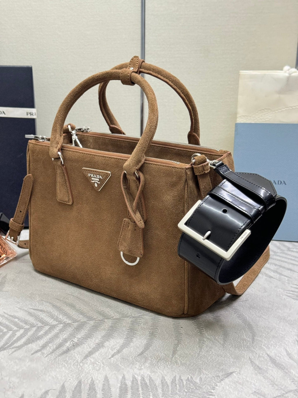PRADA 26S HANDBAG 28 IN TAUPE SUEDE