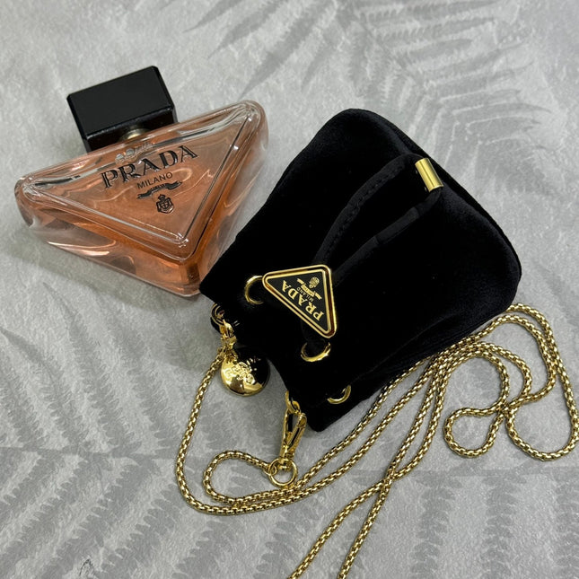 PRADA 25S MINI POUCH 12 IN BLACK VELVET GOLD HARDWARE