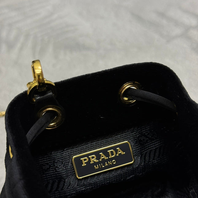 PRADA 25S MINI POUCH 12 IN BLACK VELVET GOLD HARDWARE