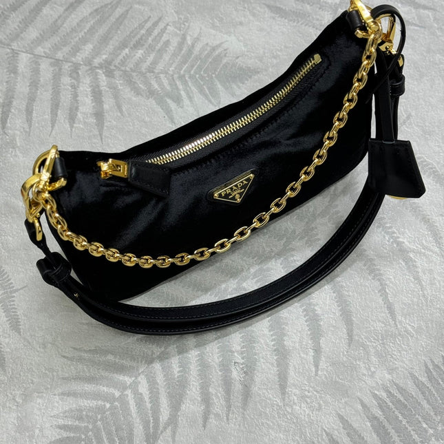 PRADA 25S MINI HOBO BAG 23 IN BLACK VELVET GOLD HARDWARE