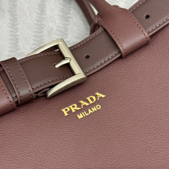PRADA 25S BUCKLE SMALL HANDBAG 32 IN RICH BROWN CALFSKIN GOLD HARDWARE