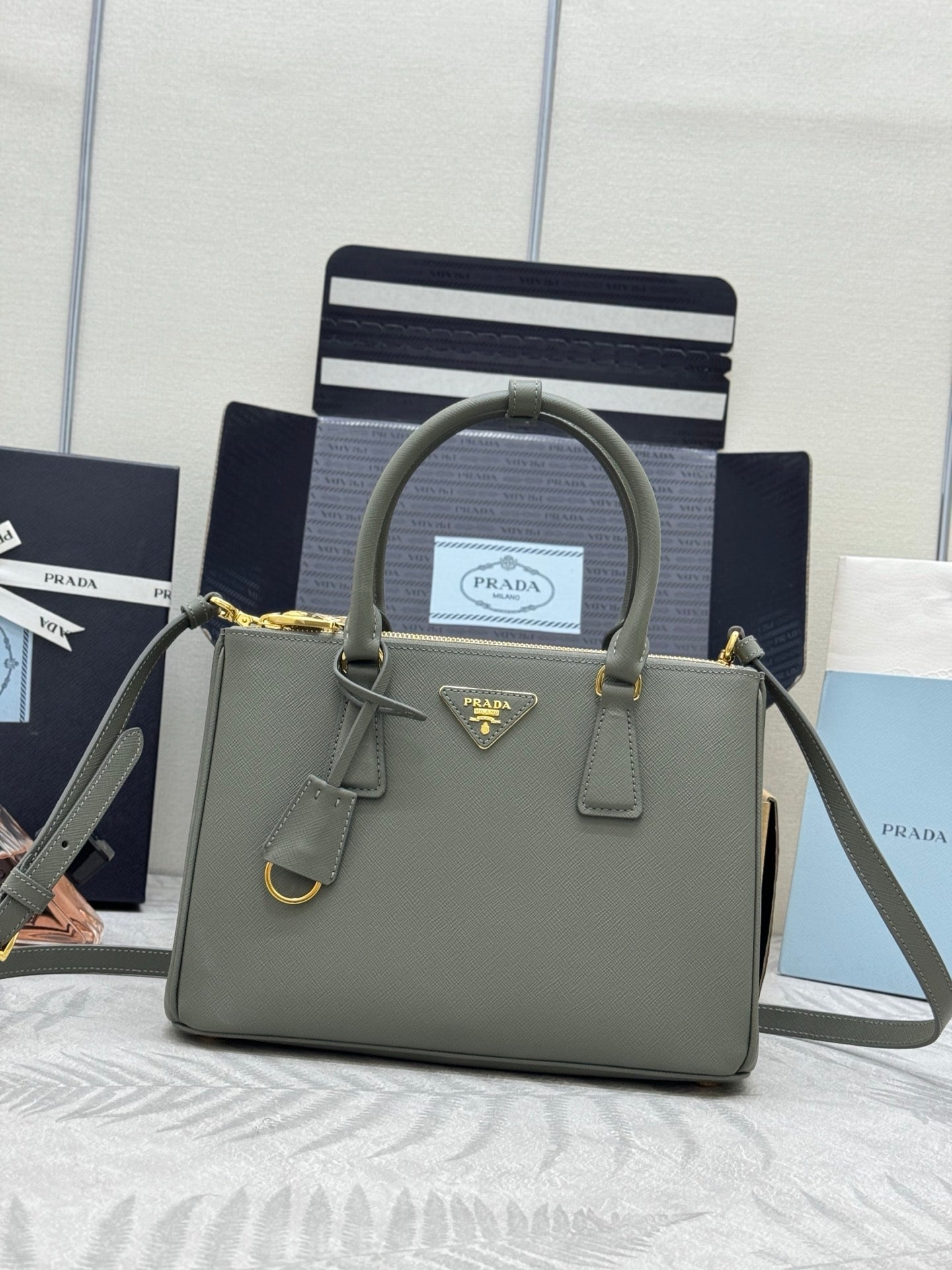PRADA 26S GALLERIA 28 BAG IN SAGE GREEN SAFFIANO