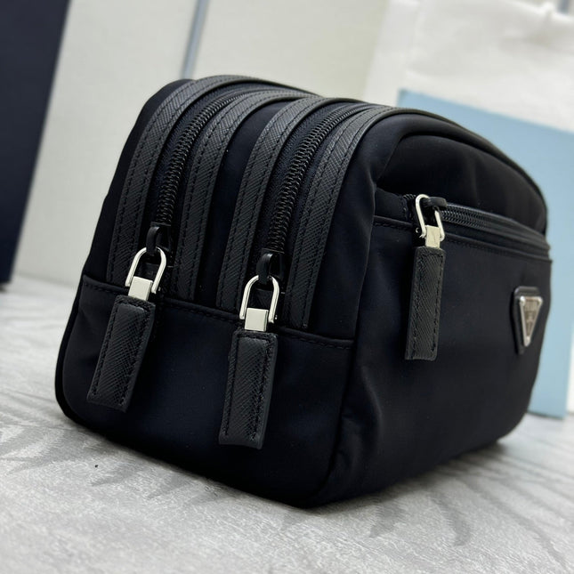 PRADA 25S MEDIUM CLUTCH BAG 26 IN BLACK NYLON SILVER HARDWARE