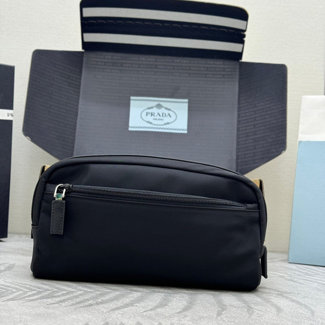 PRADA 25S MEDIUM CLUTCH BAG 26 IN BLACK NYLON SILVER HARDWARE