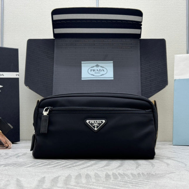 PRADA 25S MEDIUM CLUTCH BAG 26 IN BLACK NYLON SILVER HARDWARE