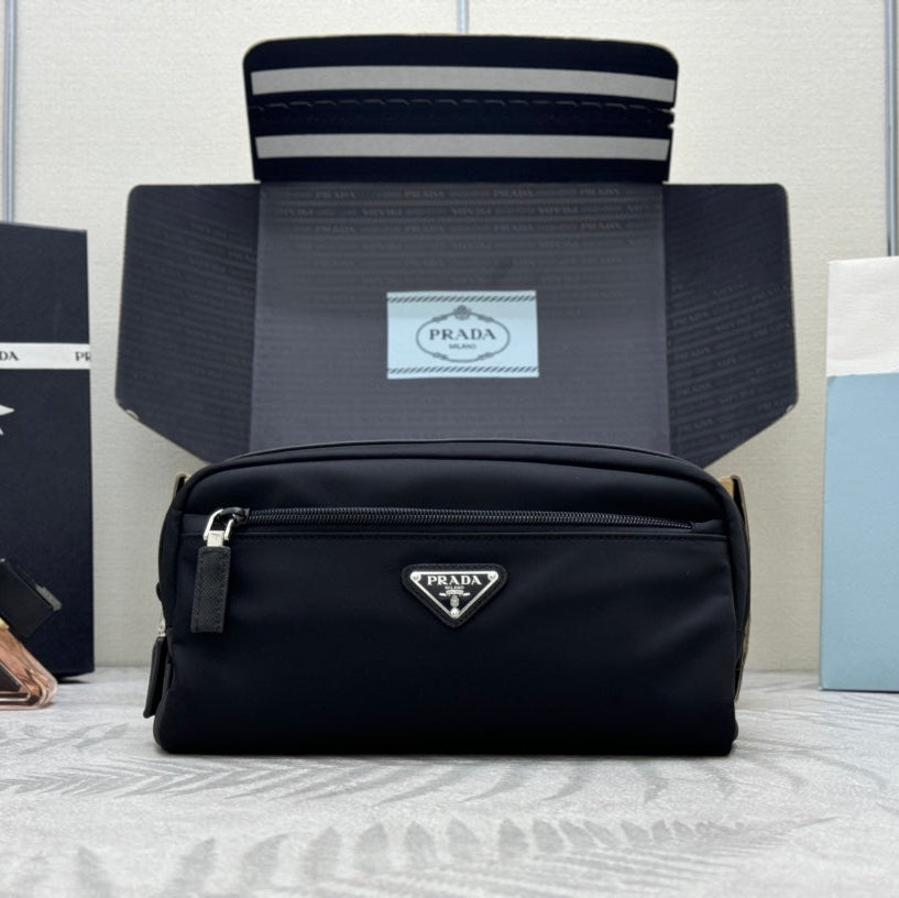 PRADA 25S MEDIUM CLUTCH BAG 26 IN BLACK NYLON SILVER HARDWARE