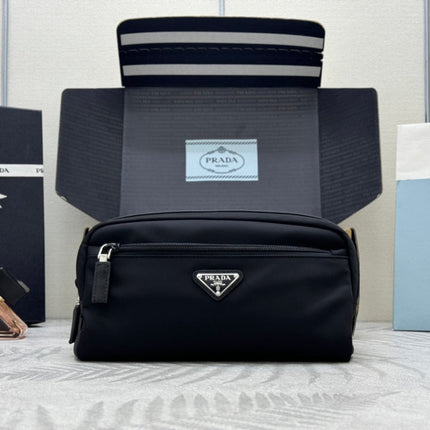PRADA 25S MEDIUM CLUTCH BAG 26 IN BLACK NYLON SILVER HARDWARE