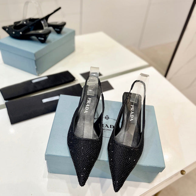 PRA SLINGBACK PUMPS BLACK SATIN WITH BLACK CRYSTALS