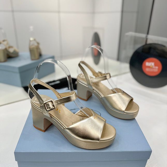 PRADA 26S HEELED SANDALS 70MM IN GOLD CALFSKIN