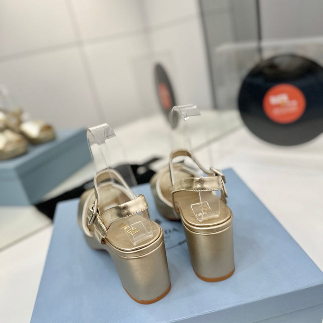PRADA 26S HEELED SANDALS 70MM IN GOLD CALFSKIN