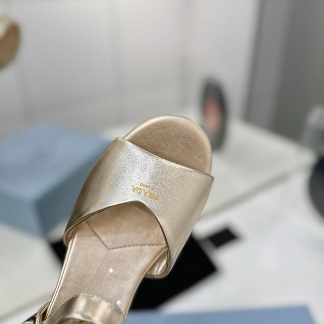 PRADA 26S HEELED SANDALS 70MM IN GOLD CALFSKIN