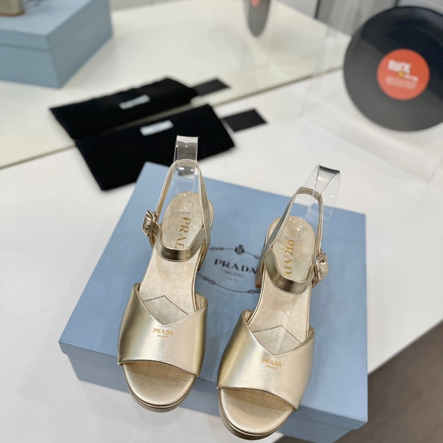 PRADA 26S HEELED SANDALS 70MM IN GOLD CALFSKIN