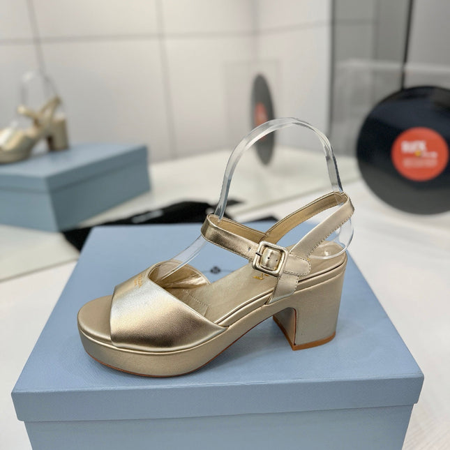 PRADA 26S HEELED SANDALS 70MM IN GOLD CALFSKIN