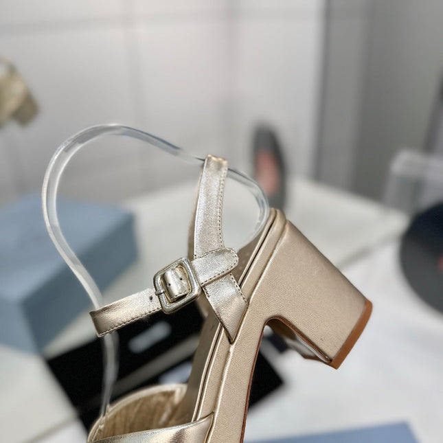 PRADA 26S HEELED SANDALS 70MM IN GOLD CALFSKIN