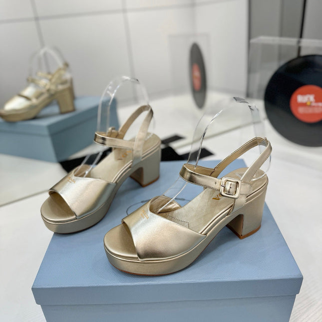 PRADA 26S HEELED SANDALS 70MM IN GOLD CALFSKIN