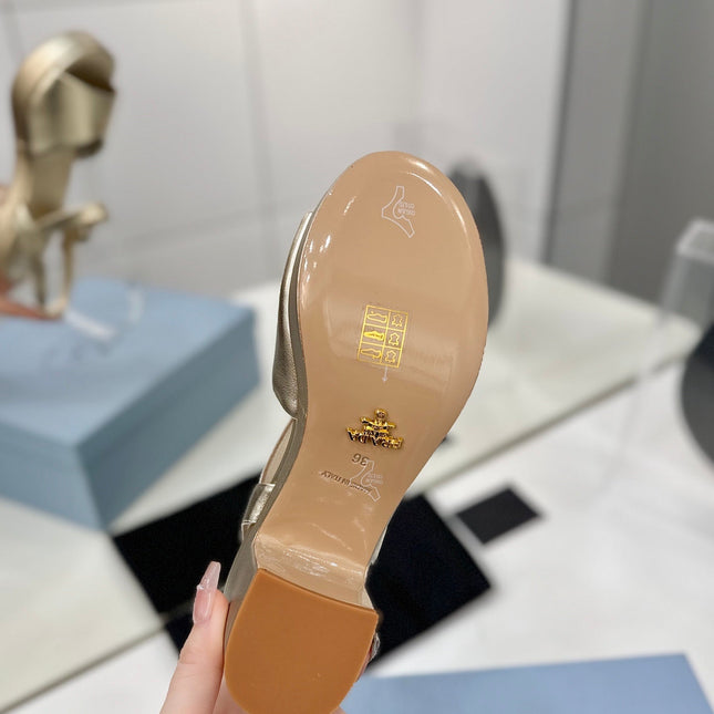PRADA 26S HEELED SANDALS 70MM IN GOLD CALFSKIN