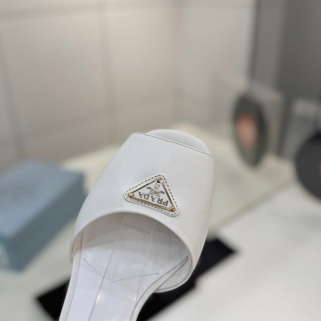 PRADA 26S HEELED SANDALS 115MM IN WHITE CALFSKIN WITH LOGO