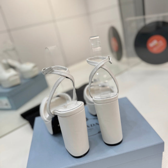 PRADA 26S HEELED SANDALS 115MM IN WHITE CALFSKIN WITH LOGO