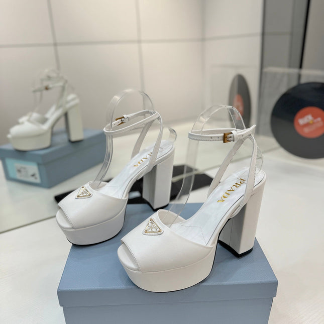 PRADA 26S HEELED SANDALS 115MM IN WHITE CALFSKIN WITH LOGO