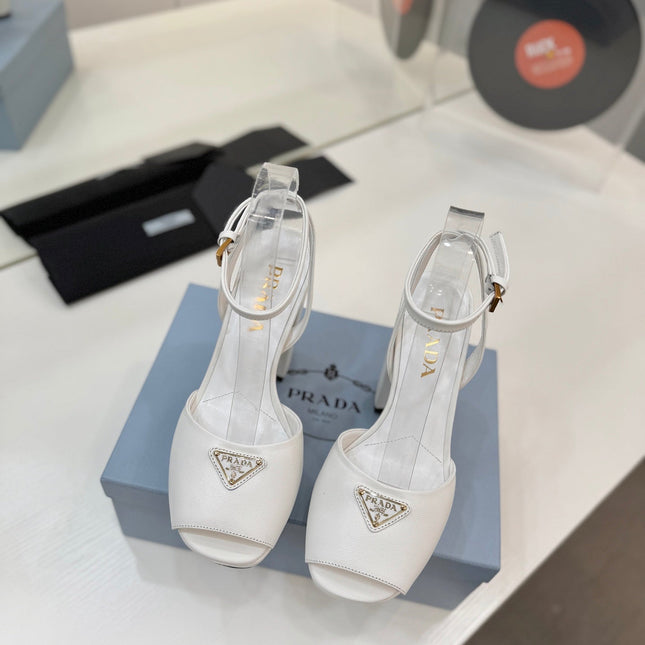 PRADA 26S HEELED SANDALS 115MM IN WHITE CALFSKIN WITH LOGO