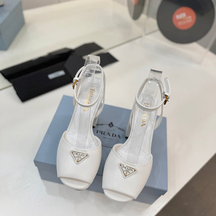 PRADA 26S HEELED SANDALS 115MM IN WHITE CALFSKIN WITH LOGO