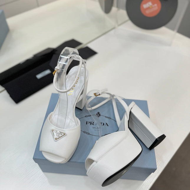 PRADA 26S HEELED SANDALS 115MM IN WHITE CALFSKIN WITH LOGO