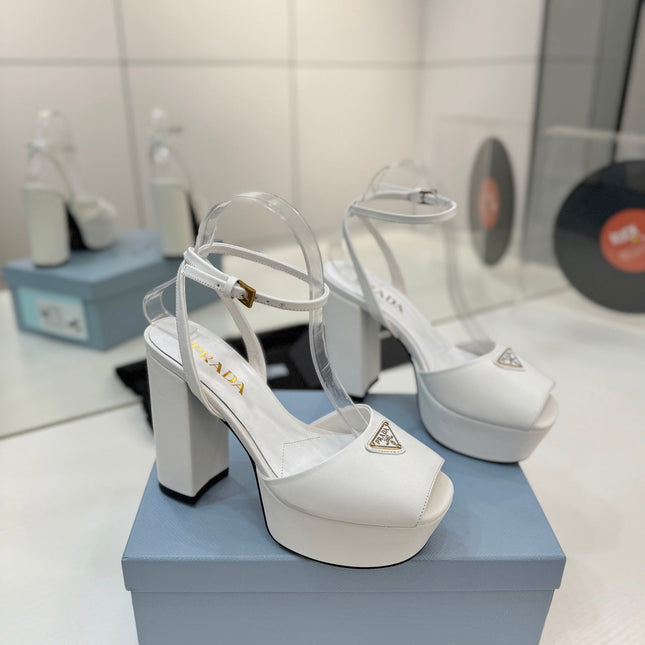 PRADA 26S HEELED SANDALS 115MM IN WHITE CALFSKIN WITH LOGO
