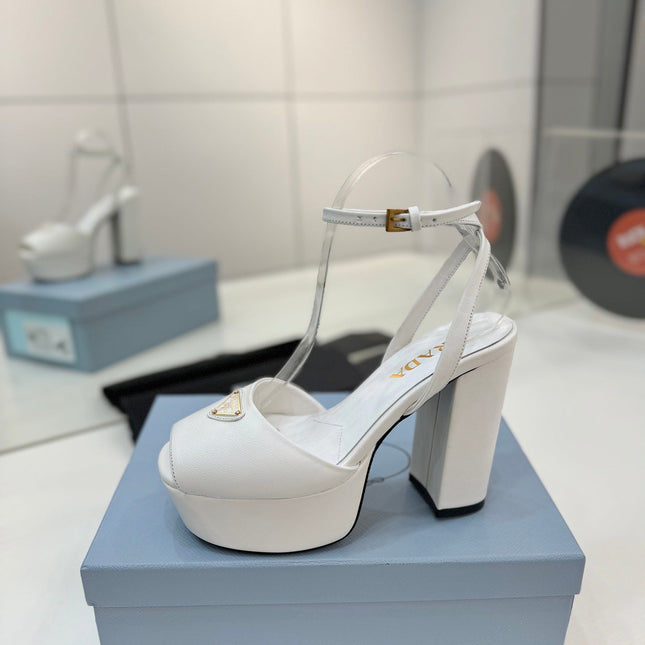 PRADA 26S HEELED SANDALS 115MM IN WHITE CALFSKIN WITH LOGO