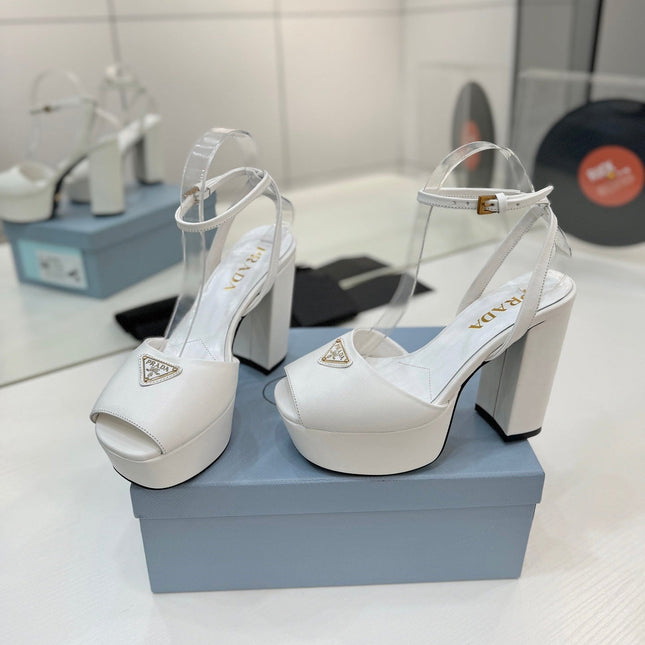 PRADA 26S HEELED SANDALS 115MM IN WHITE CALFSKIN WITH LOGO