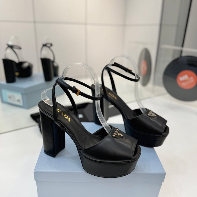 PRADA 26S HEELED SANDALS 115MM IN BLACK CALFSKIN WITH LOGO
