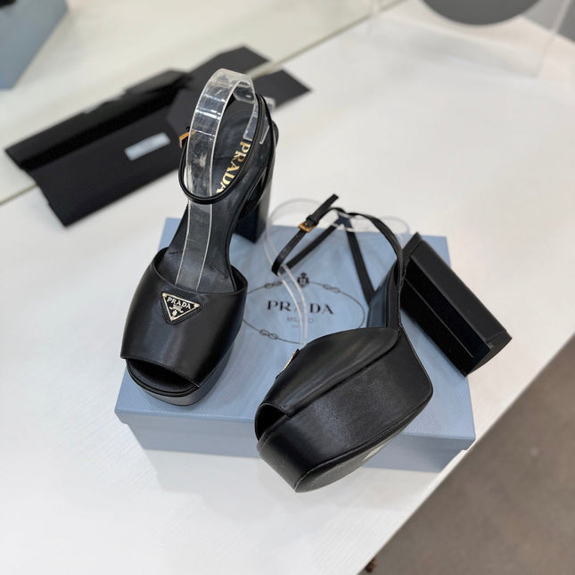 PRADA 26S HEELED SANDALS 115MM IN BLACK CALFSKIN WITH LOGO