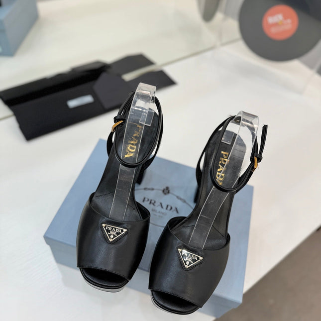 PRADA 26S HEELED SANDALS 115MM IN BLACK CALFSKIN WITH LOGO