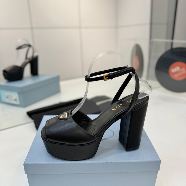 PRADA 26S HEELED SANDALS 115MM IN BLACK CALFSKIN WITH LOGO