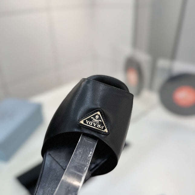 PRADA 26S HEELED SANDALS 115MM IN BLACK CALFSKIN WITH LOGO