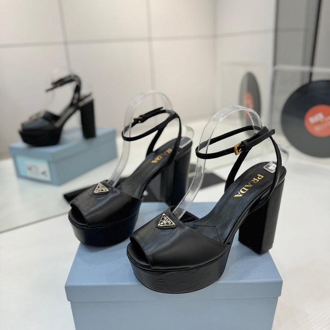 PRADA 26S HEELED SANDALS 115MM IN BLACK CALFSKIN WITH LOGO
