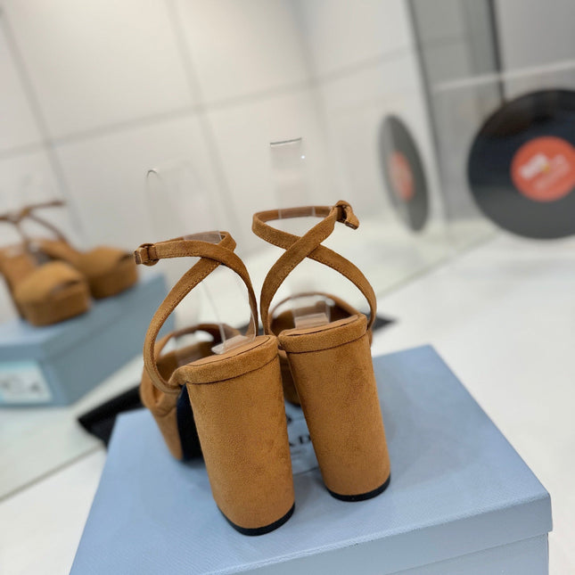 PRADA 26S HEELED SANDALS 115MM IN CARAMEL BROWN SUEDE