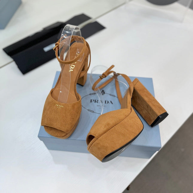 PRADA 26S HEELED SANDALS 115MM IN CARAMEL BROWN SUEDE