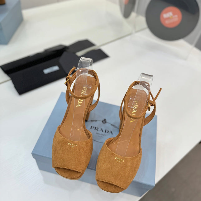 PRADA 26S HEELED SANDALS 115MM IN CARAMEL BROWN SUEDE
