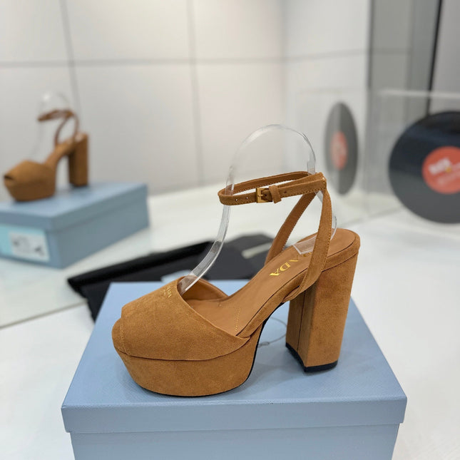 PRADA 26S HEELED SANDALS 115MM IN CARAMEL BROWN SUEDE