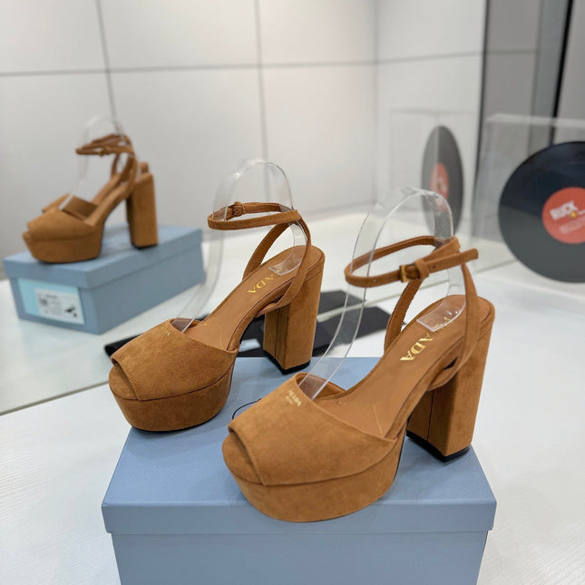 PRADA 26S HEELED SANDALS 115MM IN CARAMEL BROWN SUEDE