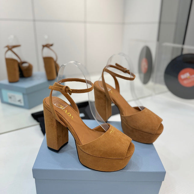 PRADA 26S HEELED SANDALS 115MM IN CARAMEL BROWN SUEDE