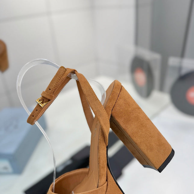 PRADA 26S HEELED SANDALS 115MM IN CARAMEL BROWN SUEDE