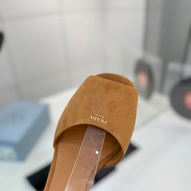 PRADA 26S HEELED SANDALS 115MM IN CARAMEL BROWN SUEDE
