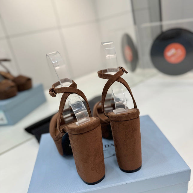 PRADA 26S HEELED SANDALS 115MM IN DARK BROWN SUEDE