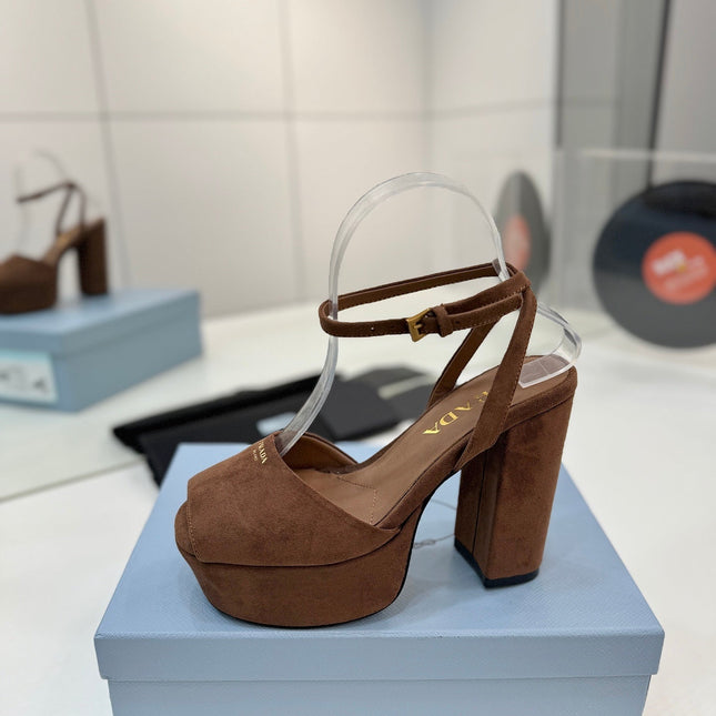 PRADA 26S HEELED SANDALS 115MM IN DARK BROWN SUEDE