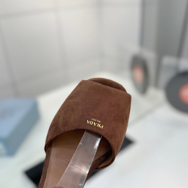 PRADA 26S HEELED SANDALS 115MM IN DARK BROWN SUEDE