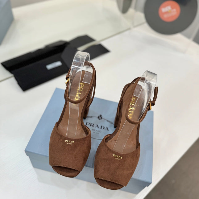 PRADA 26S HEELED SANDALS 115MM IN DARK BROWN SUEDE